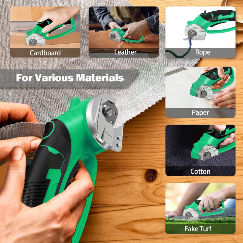 Pratuor Cordless Electric Scissors, 4V Box Cutter & Cardboard Cutter with Upgrade Blade, LED Light, Safety Lock - Rechargeable Rotary Cutter for Fabric, Leather, Plastic, Sewing, Industrial (Lime Green) - Image 3
